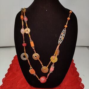 Treska beaded long necklace Beautiful Corals Reds Bronze Colors